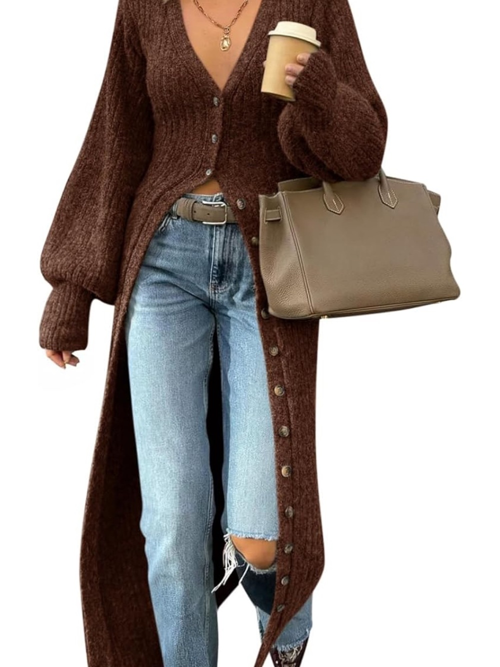 NWOT Brown Long Button-Front Women's Sweater Cardigan| Small (6-8).
